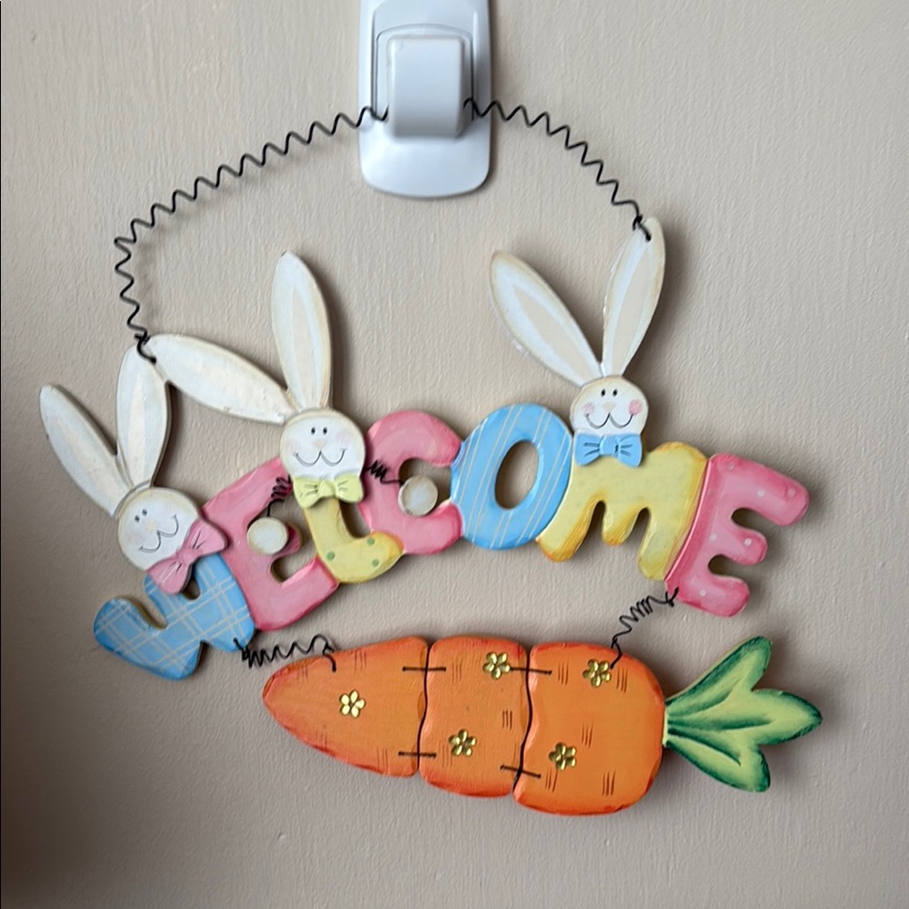 Colorful Welcome Sign with Bunnies and Carrot